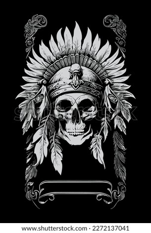 Indian skull logo black and white hand drawn illustration