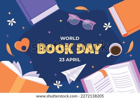 World book day illustration with books and objects related to reading