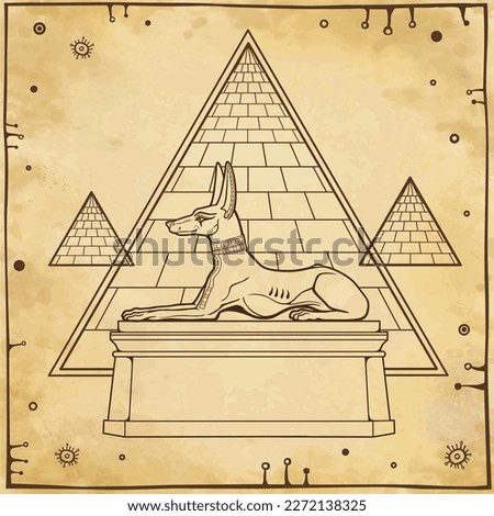 Animation portrait: Ancient Egyptian god Anubis in the form of a lying dog protects pyramids, valley of the kings. God of death and afterlife. Background - imitation old paper. Vector illustration.