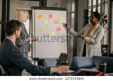 In the Corporate Meeting Room: Female Analyst Uses Interactive Whiteboard for Presentation to a Board of Executives, Lawyers, Investors. The screen Shows the Company's Business Ideas