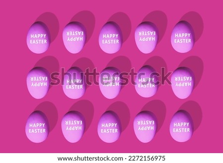 Happy Easter eggs on purple background. Minimal flat lay composition, seamless pattern, Easter celebration concept