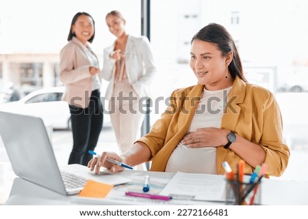 Gossip, pregnancy shame or business people pointing at pregnant woman in office working on laptop. Colleagues in workplace bullying, employee victim exclusion or worker harassment and discrimination Royalty-Free Stock Photo #2272166481