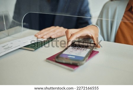Smartphone, digital plane ticket and woman, barcode and passport, booking at airport for travel. Technology, female hand with airline boarding pass, person check in for vacation with mobile app Royalty-Free Stock Photo #2272166555