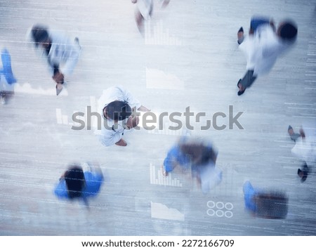 Planning, blur or overlay top view of doctors, nurse or medical healthcare schedule in clinic lobby. Busy, medicine or employee on tech in hospital with people walking, fast movement or motion above Royalty-Free Stock Photo #2272166709