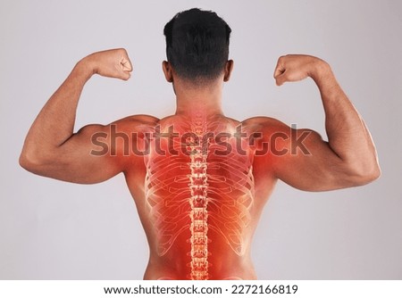 Man, x ray spine and studio with pain, back or bodybuilder for muscle, bicep arms or development by background. Young model, fitness or chiropractic overlay for pain, injury or strong core for body