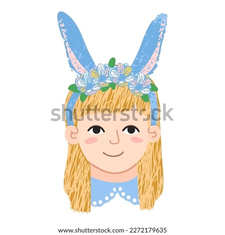 Vector Colorful Illustration of Portrait Cute Little Girl with Bunny Ears Isolated on White Background