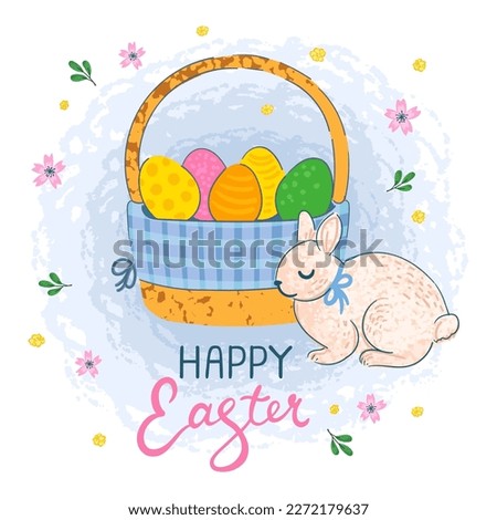 Vector Colorful Greeting Card with Illustration of Egg Basket, Bunny, Flowers and Hand Drawn Littering Happy Easter