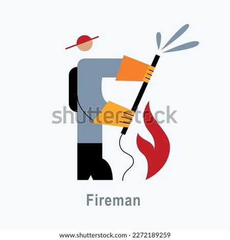 Vector illustration with Fireman in flat style. Profession ABC series. Alphabet. Letter F