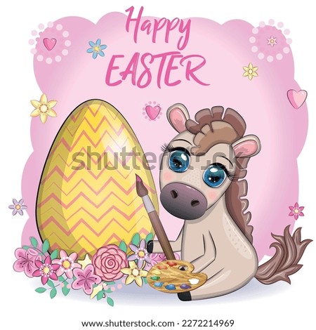Cute horse with an Easter egg. Easter character and postcard.