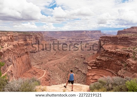 Man with scenic view from Shafer Trail Viewpoint in Canyonlands National Park near Moab, Utah, USA. Shafer Basin and La Sal Mountains in Colorado Plateau. Off road trails leading down the canyon Royalty-Free Stock Photo #2272219121