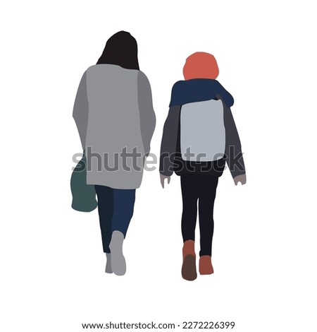 Set of drawings of people on the street in winter clothes. 2D image for use as an entourage. Vector flat city infographics.
