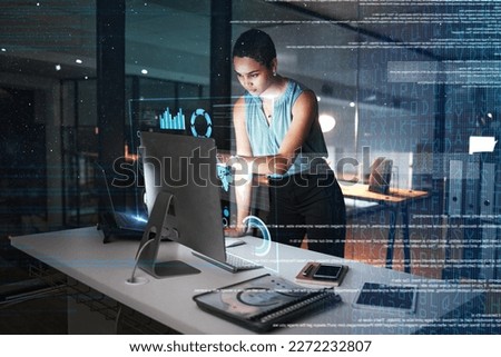 Office computer, hologram or night person reading future administration dashboard, research chart or ui software. Digital transformation, cloud computing overlay and black woman work on data analysis Royalty-Free Stock Photo #2272232807