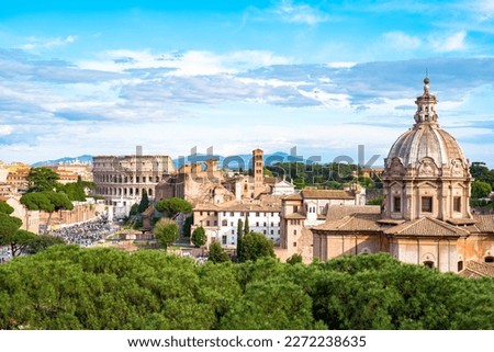 The Colosseum panorama, Colosseo, iconic amphitheatre Arena in the centre of the old town of Rome, Roma, just east of the Roman Forum. Royalty-Free Stock Photo #2272238635