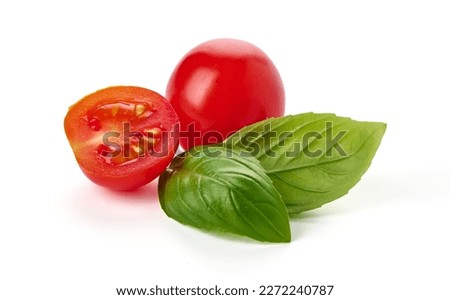 Fresh cherry tomatoes with Sweet basil leaves, isolated on white background Royalty-Free Stock Photo #2272240787