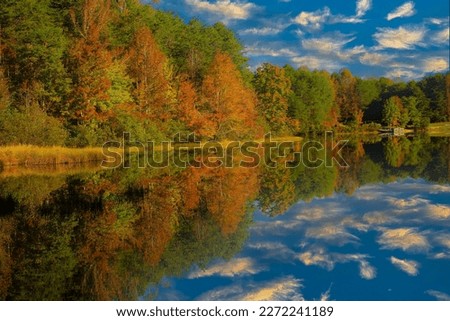 Shorts Lake is surrounded by hardwood trees showing fall color, in Crowders Mountain State park, North Royalty-Free Stock Photo #2272241189