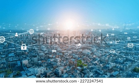 Smart city and communication network concept. 5G. LPWA (Low Power Wide Area). Wireless communication. Royalty-Free Stock Photo #2272247541