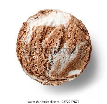 chocolate and vanilla ice cream ball isolated on white background, top view
