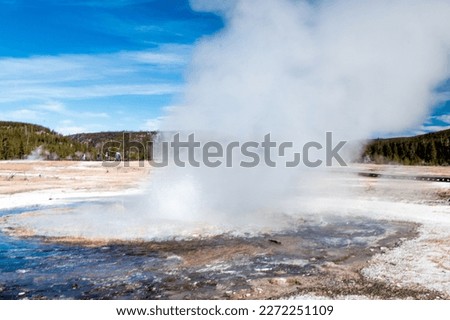 Geysers erupts with hot water and steam with pools of thermophilic bacteria in the Geyser Basin of Yellowstone National Park, Wyoming, United States