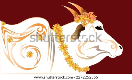 India's sacred white cow is decorated with golden patterns and bears a wreath of beautiful flowers.
