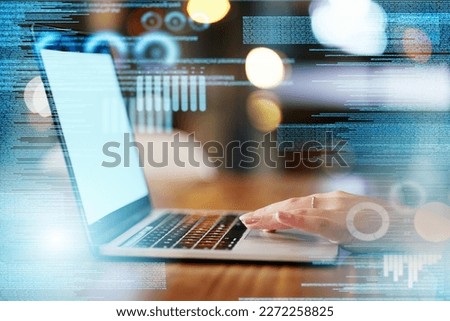 Data overlay, coder hands and laptop of a it worker with crypto coding and programmer work. Information technology graphic, digital cybersecurity and 3d programming in a office on tech