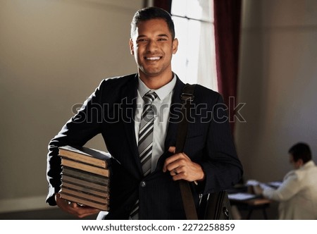 Legal books, portrait smile and lawyer research law firm, happy office management or justice learning study. Financial advisor, knowledge and Mexico government man, consultant or attorney education