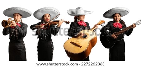 female mariachi band, mexican music group of women playing instruments trumpet, violin, guitar and mexican big guitarron
