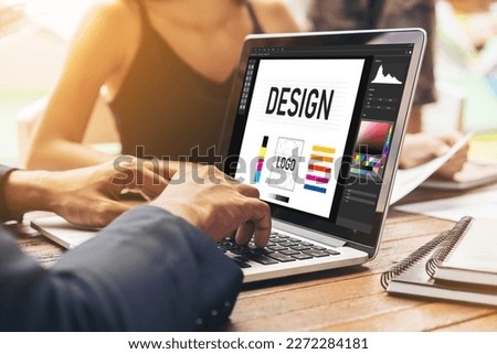Graphic designer software for modern design of web page and commercial ads showing on the computer screen Royalty-Free Stock Photo #2272284181