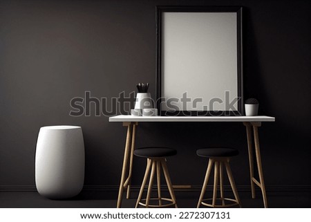 Creative mockup concept. Empty clear wall with photo frame on dark wall with table chair and vase plants. Mock up frame for display or montage of product or design. copy space. view	
