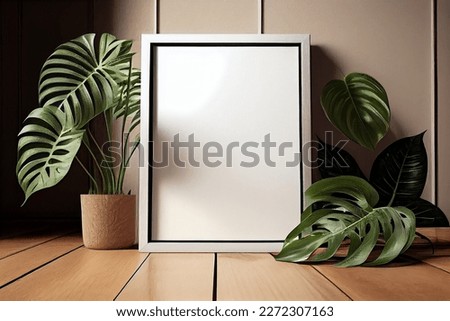 Creative mockup concept. Empty clear photo frame on boho table top and monstera leaf plants. Mock up frame for display or montage of product or design. copy space. view	
 Royalty-Free Stock Photo #2272307163