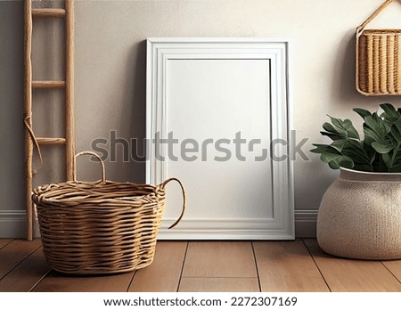Creative mockup concept. Empty clear wall with photo frame on white wall table top and empty basket. Mock up frame for display or montage of product or design. copy space. view	
