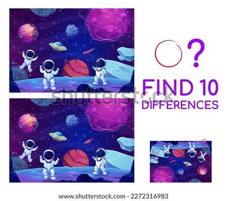 Find ten differences. Cartoon astronauts in outer space on planet surface. Objects matching quiz, difference spotting game vector worksheet with funny astronaut personage in space, UFO spaceship Royalty-Free Stock Photo #2272316983