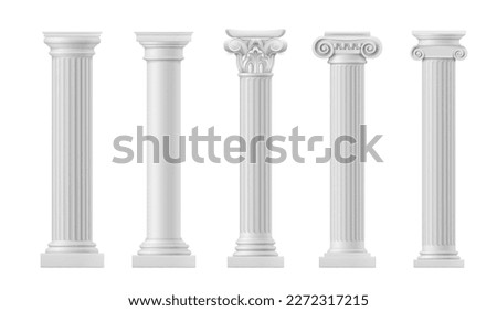Marble antique columns and pillars of roman and greek architecture elements. Vector realistic classic columns of ancient building or temple. White stone pillars with ornate capitals, vertical flutings Royalty-Free Stock Photo #2272317215