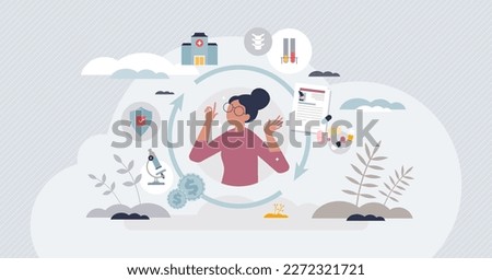 Health information exchange for effective healthcare tiny person concept. Medical system for prescription documentation, illness history, diagnostic testing results and payments vector illustration. Royalty-Free Stock Photo #2272321721