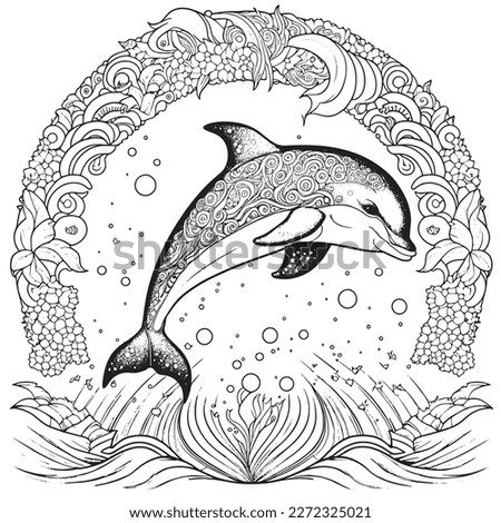 A majestic Dolphin illustration in a stylish composition. Adult coloring book pages made freehand with doodle and Zentangle elements., Vector  illustration
