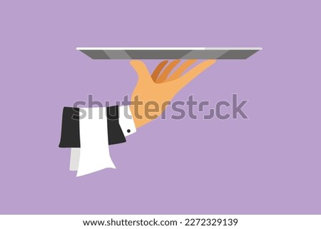 Cartoon flat style drawing of stylized tray cloche in hand. Restaurant plate in elegant waiter hand. Food serving tray for cafe, shop, restaurant, and food delivery. Graphic design vector illustration