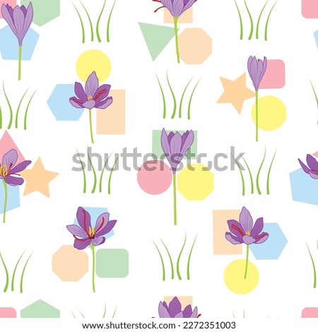 Vector illustration. Purple Saffron flowers with geometric shapes on white background seamless repeat pattern.