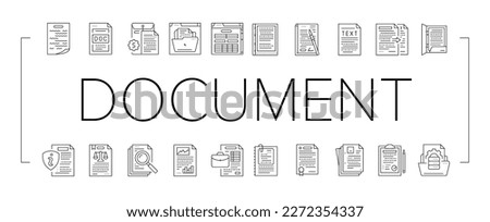 document paper file business page icons set vector. contract web, note office, form copy, message pen, agreement blank, internet write document paper file business page black contour illustrations