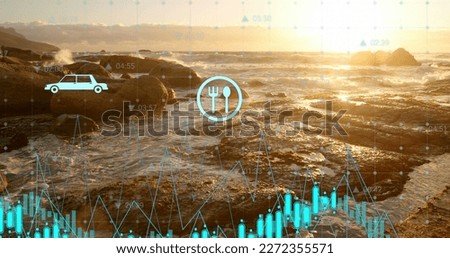 Image of digital screen with data processing and ecology icons over sun and landscape. Landscape, nature and digital interface concept digitally generated image.