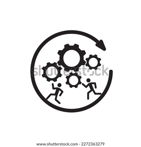 stick man, arrow and gear icons, business concept of workflow progress, black background image highlighted on a white background