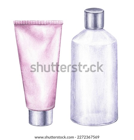 Watercolor illustration. Shampoo and hair balm. Isolated on a white background. Lotion and face cream.Purple empty bottles.Blank for text.For the design of posters for beauty salons, stickers, prints.