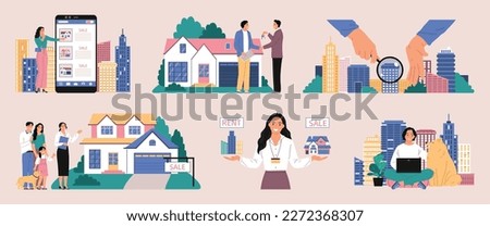 Real estate color set with isolated compositions of realtor agents with clients and property on sale vector illustration Royalty-Free Stock Photo #2272368307