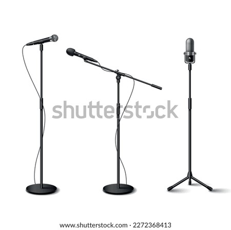 Microphone realistic icons set with standing audio equipment isolated vector illustration