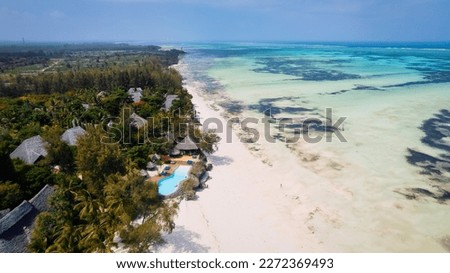 This stunning toned aerial view captures the beauty of Kiwengwa beach in Zanzibar, Tanzania. The luxurious resort and the turquoise ocean water create a picture-perfect scene.