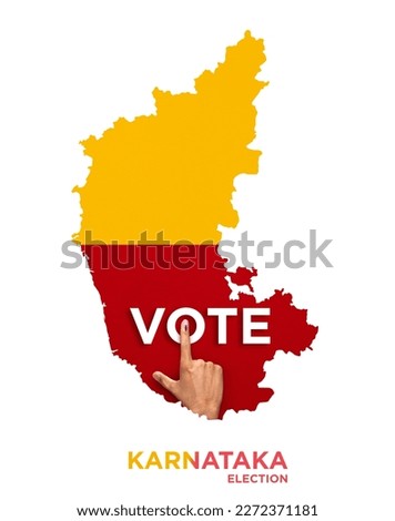 VOTE FOR KARNATAKA, male Indian Voter Hand with a voting sign or ink pointing out, Voting sign on fingertip Indian Voting on Karnataka map karnataka flag, karnataka election Royalty-Free Stock Photo #2272371181