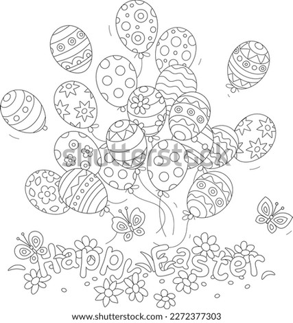 Easter card with flying holiday balloons decorated with traditional ornaments, spring flowers and merrily fluttering butterflies, black and white outline vector cartoon illustration
