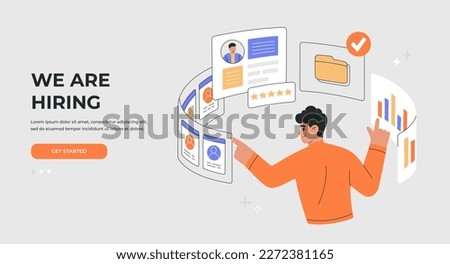 Recruitment, hiring employees concept. Selection the best candidate for job vacancy. CV resume analysis. Landing page template. Vector illustration isolated on light background, flat cartoon style Royalty-Free Stock Photo #2272381165
