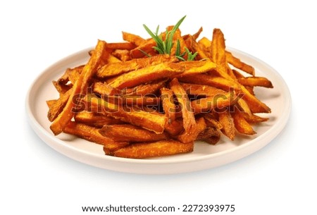 Plate with delicious sweet potato fries on white background