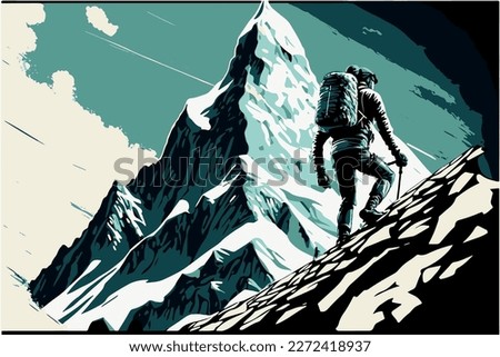 Alpinist climbing a mountain. Vector art of man hiking in extreme conditions. Mountaineering illustration. Man with equipment walking on snow and ice. Man traveling in the alps. Expedition on everest. Royalty-Free Stock Photo #2272418937
