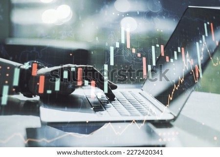 Multi exposure of abstract creative financial graph with world map and hand typing on laptop on background, forex and investment concept