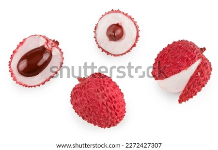 Fresh lychee with slices isolated on white background. clipping path. top view Royalty-Free Stock Photo #2272427307